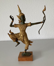 Thailändische Bronze/Gold/Grün Figur Prinz Rama Göttin mit Bogen + Holzsockel