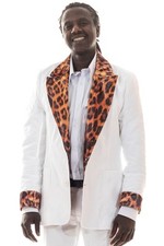 Comycom Herren 70er Sakko in Weiß mit Leopardenfell Besatz