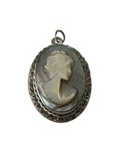Silber Anhänger Brosche Gemme Kamee Frau Portrait Oval Vintage,Muschelchnitzerei