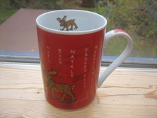 Tasse, Humpen, rot mit Elchmotiv, Weihnachtstasse, Schriftzug, Heim