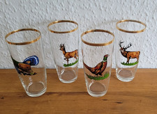 4 Jagd Bier Gläser Glas Jagdmotiv Hirsch Rehbock Auerhahn Fasan  mit Goldrand