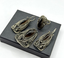Vintage Schmuckset  Filigran Ohrringe Ring Brosche Rauch Topas UdSSR