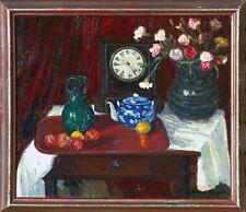 Uhren - Stilleben Uhr Keramik Blumen Öl Gemälde Richard Pietzsch 1872-1960