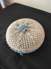 Glas Konfektschale,Schmuckschale mit Deckel umhäkelt Handarbeit 1950er Jahre? 