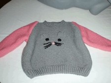 handgestrickter Kinderpullover, grau pink, Maus, Gr. 86-92