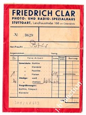 Stuttgart FRIEDRICH CLAR Foto -& Radiohaus * Auftragstüte 50er-Jahre