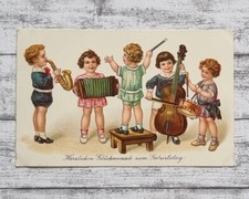 Grußkarte Geburtstag herzliche Glückwünsche Kinder Orchester Musik Postkarte alt