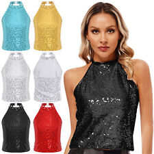 Damen Weste Bequeme Bauchfrei Oberteil Pailletten Crop Tops Atmungsaktiv Top