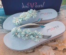 Pink Pearls, Flip Flops, Hellblau, Weiss, mit Blumen, Grösse 40, Badeschuhe, Neu