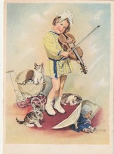 AK GF   Mädchen - Geige -  Katzen - Puppenwagen - Puppe - Verlag: C. Warnecke