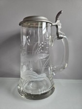 🎣 Großer Bierkrug aus Glas mit Zinn-Deckel – Motiv Fisch – 21 cm hoch