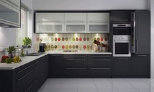 L-Form Einbauküche KVANTUM Küchenzeile 385x256cm lava vanille graphit Teilauszug