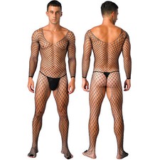 DE iEFiEL Sexy Herren Transparent  Fischnetz Bodystockings Langarm Netz Bodysuit