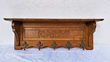 Antike Holz  Wandgarderobe, Wandregal mit 5 Bronze Haken im Jugendstil (1)