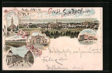 Lithographie Simbach /Inn, Pfarrkirche, Portal der Innbrücke, Hauptstraße, Bahn 