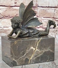 Original Bronze Klein Angel Ausruhend Skulptur Kunst Deko Mystisch Kunstwerk