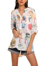 Leinenhemd Damen Sommer Tunika Shirt Long Bluse langarm Design Art Print 34-40