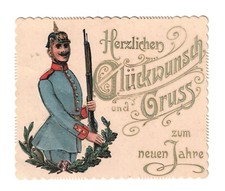 Preussischer Soldat mit Pickelhaube Glückwunsch zum neuen Jahre goldgeprägt 1900