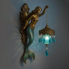 Mermaid Wall Lamp, Antique Bronze Mermaid Wall Sconce with Lantern, Vintage Ocea