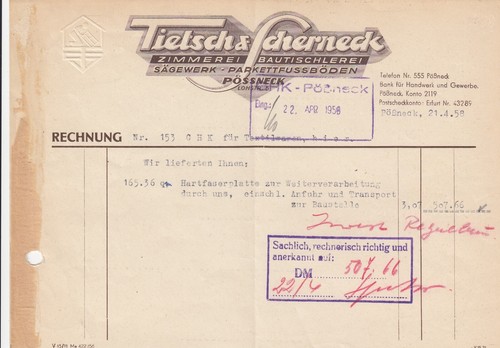 Pössneck rechnung 1958 - pÖssneck,,