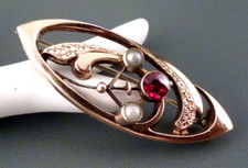 Antikschmuck Jugendstil Brosche Anstecknadel rubinfarb Glas & Perlen Gold-Doublé