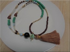 Neu lange Kette Glas Holz Acryl Metall große Achat-Kugel Quaste Handmade Unikat 