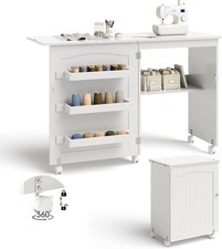 2in1 Klappbarer Nähmaschinentisch Rollbar Nähtisch Nähschrank Schreibtisch Weiß