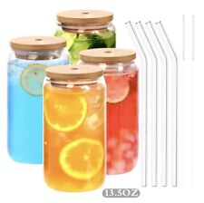 4 Stück 550ml/400ml Bierdose Glas mit Bambusdeckel Glas Strohhalm Pinsel Eis Kaffee Becher