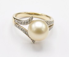 Creme Akoja Südsee große Perle Diamant Ring 585 Gold Neu wertig