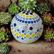 Mosaik Rosenkugel blau gelb silber 15 cm - Gartenkugel - handgemacht - #1358-b