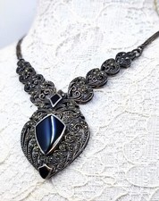 ? Onyx & Markasiten Collier * 925 Silber * Vintage - Antik Halskette Kette 