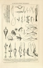 Angeln Angelfischen Köder historische Bildtafel antike Grafik Holzstich ca. 1892