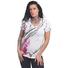 Neues Yakuza Damen Dark Skull Curved V-Neck T-Shirt - Weiß