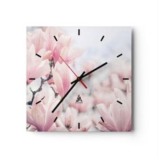 Modern Wanduhr 30x30cm Quadrat Analog Glasuhr Magnolie Blumen Rosa Art Glas Deko