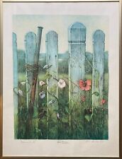 Lithografie Zaunpfähle mit Blumen im Sommer Mohn Müller signiert 1980