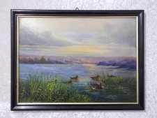 VdGfUm - Ölgemälde Bild Holz Rahmen - Vintage - Enten im Teich