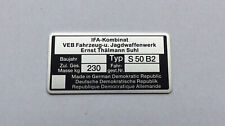 Typenschild Simson S50 B2 Plakette 230kg IFA VEB, blanko