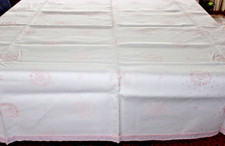 Tischdecke 1,50x3,10 m rosa kräftiger Baumwoll-Damast rundum Spitze gepfl. HB145