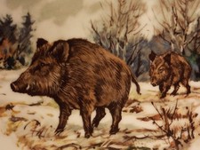 6 Speiseteller 1 Schüssel antik Wunsiedel Porzellan Jagd Wild Tiere Goldrand