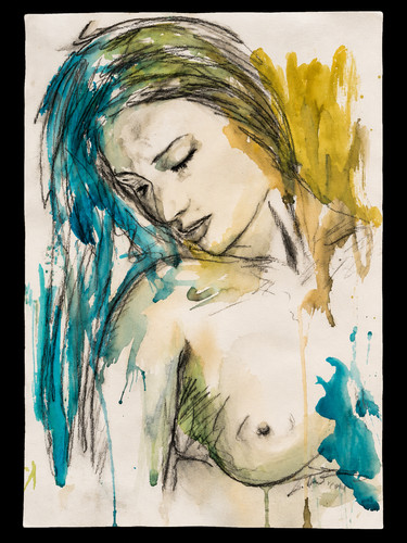Original kohle aquarell - &,