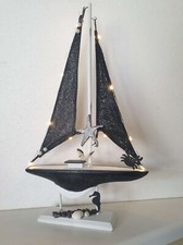 Deko Segelboot-schwarz/ weiß mit Glitter- dekoriert mit kleiner Möwe,Perlen,Sees
