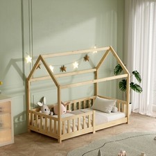 Kinderbett Hausbett Rausfallschutz Lattenrost | 90x200 | 80x160 | Weiß | Natur