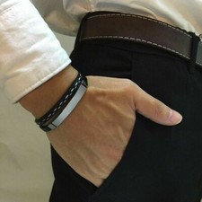 Herren Armband Schwarz Echtes Leder Edelstahl Männer Geschenk