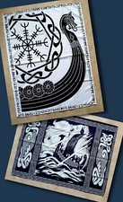 Wandteppich Wandtuch Wikinger Schiff Aegishjalmur Runen Raben Ornamente Tattoo 7