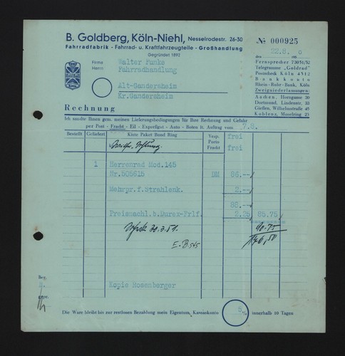 Köln niehl rechnung 1950 - rechnung, b