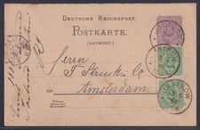 75456) AM FOLGETAG NACHFRANKIERT Antwortkarte 1888 JASTROW Pommern Amsterdam
