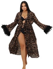 Morgenmantel Damen Sexy Leopard Kimono Satin Erotisch Lang Dessous Chiffon Ro...