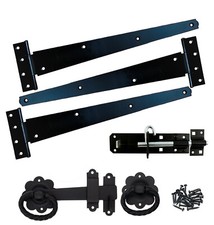 T-Scharnier (3) 14" gedrehter Ring Riegel Bolzen Set Holz Gartentor Beschlagset schwarz