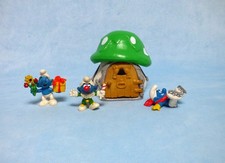 Schlümpfe kl. Schlumpfhaus weiß/grün + 3 Schlumpf Figur Geschenk Clown Eisläufer