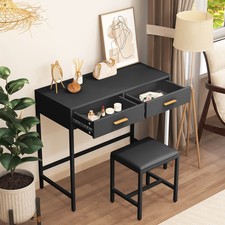 Schwarz + Goldene Griffe MDF Schminktisch Frisiertisch mit Hocker & 2 Schubladen